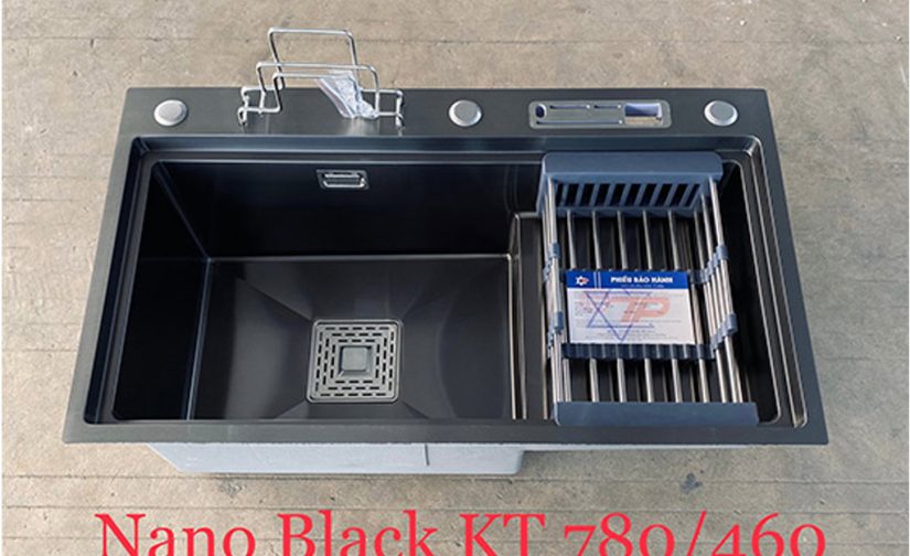 Chậu-rửa-nano-đen-1-hố-Kagol-KND7846B-có-bàn-chờ,-cài-dao-thớt
