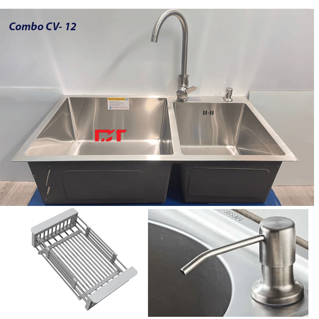 CV12 Combo VC-12: Chậu rửa bát Korea 7843, Vòi Roslerer 802, giá úp bát, vòi bơm nước rửa bát - Ảnh 1