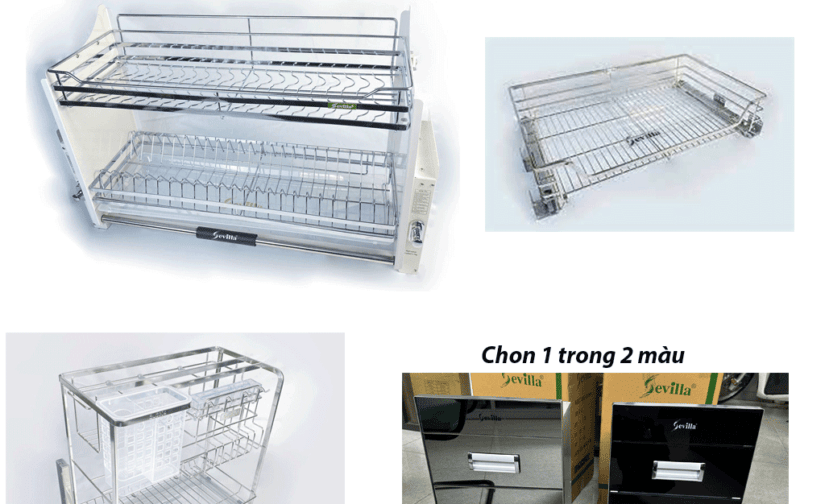 Combo PK-03C  phụ kiện tủ bếp Inox 304 cao cấp ( Giá bát nâng hạ, giá xoong nồi, giá dao thớt, thùng gạo)