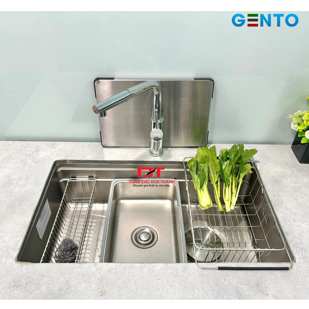 GT-7645 Bộ Combo Chậu rửa bát đơn âm Gento GT04-7645 - chống xước, chống bám bẩn và Vòi rút - Ảnh 1