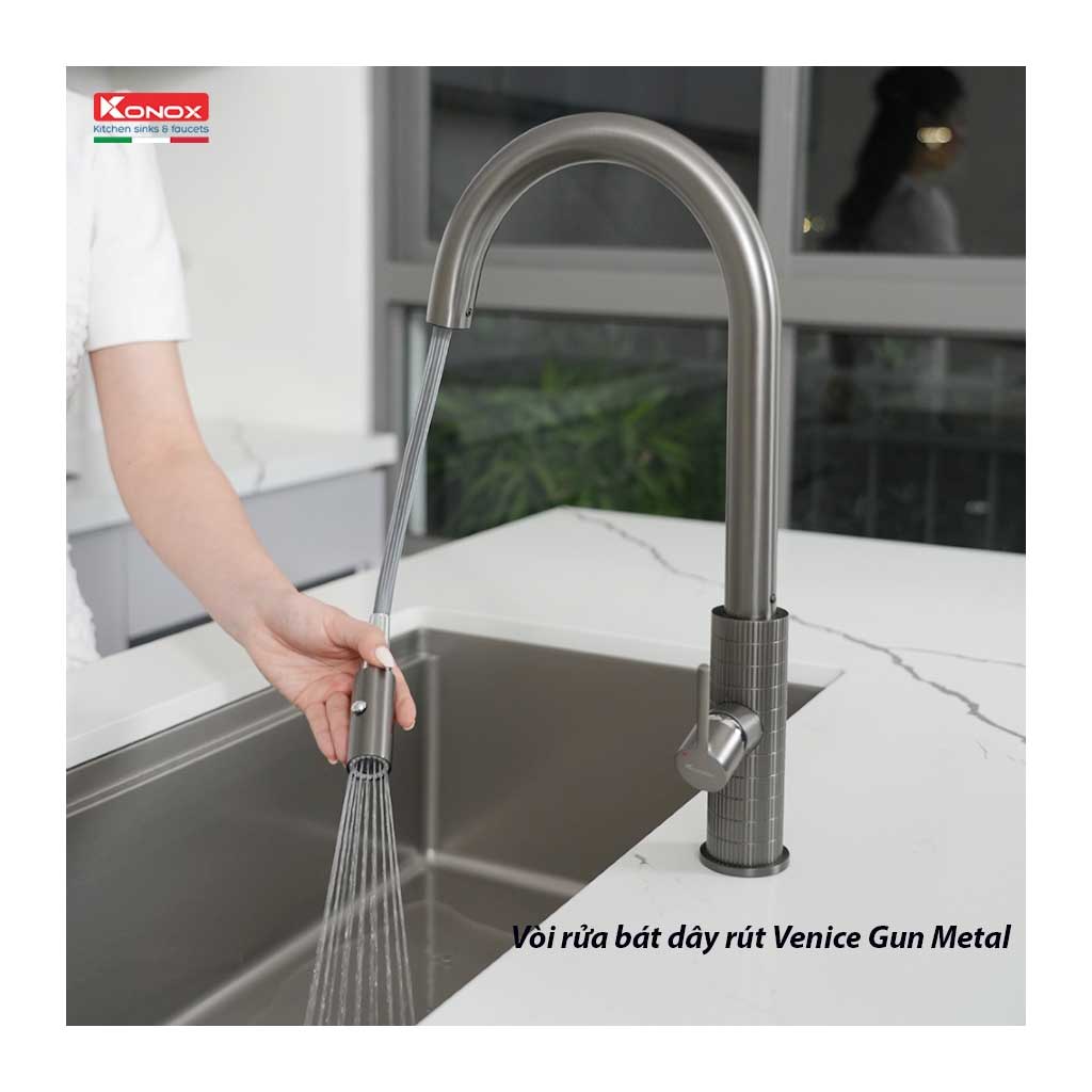 gun-menten Vòi rửa bát konox dây rút Venice Gun Metal - Ảnh 1